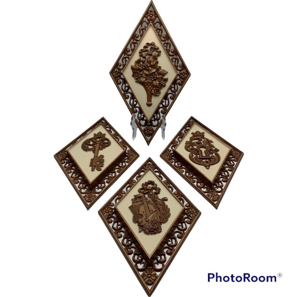 Syroco Vintage #4271 Diamond Shaped Wall Art Hanging Plaque, Set of 4